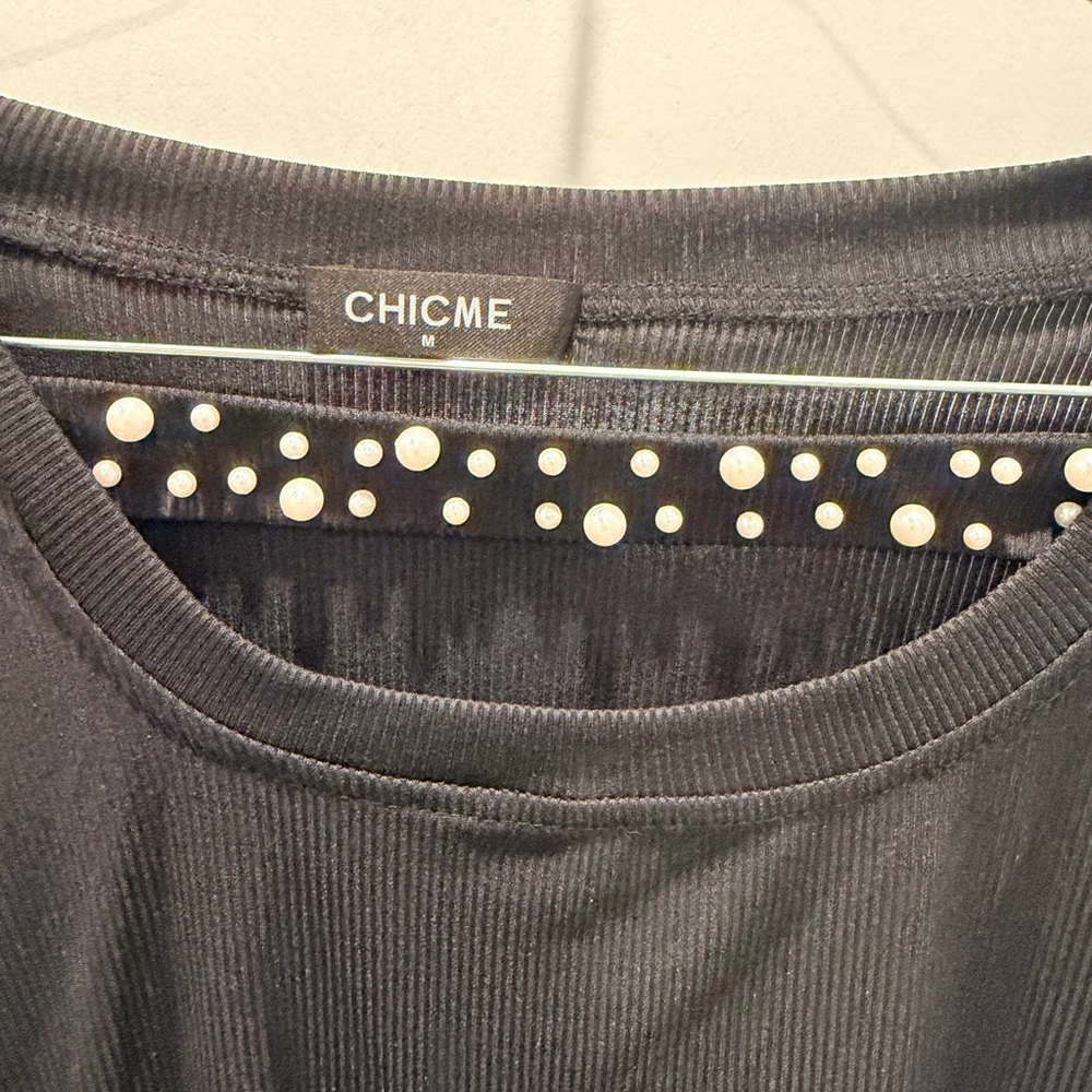 Chicme Black Ribbed Pearl Stud Long Sleeve Top Womens Medium Embellished Shirt - Picture 3 of 10